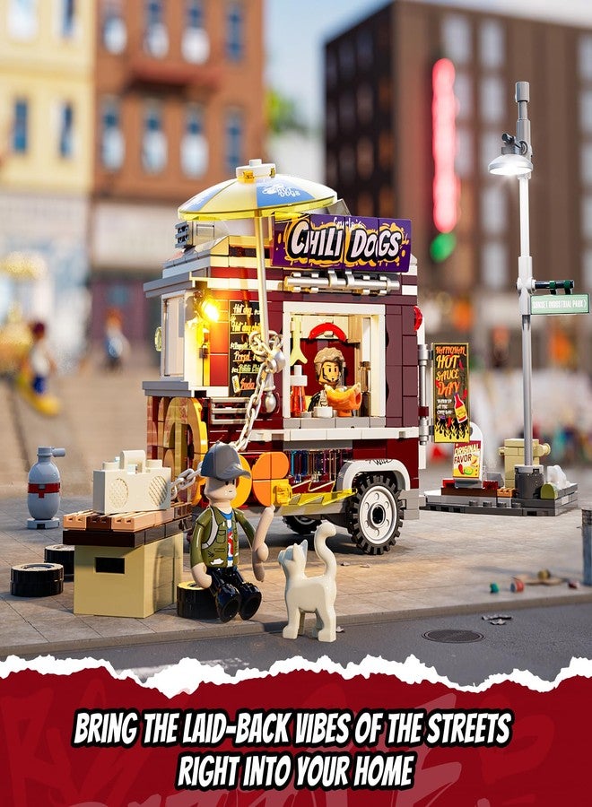 FUNWHOLE Chili Dog Trailer Lighting Building Bricks Set - Street Fusion City Town Hot Food Truck with LED Light Display Kit 515 Pcs for Adults & Teens & Street Cultrue Lovers - Image 4